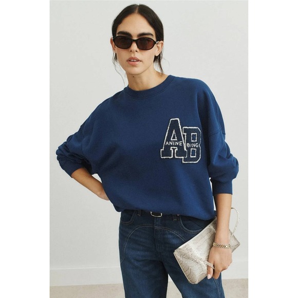 Anine Bing Tops - Anine Bing Miles Sweatshirt Navy Blue Chenille AB Patch Varsity Womens Sz S